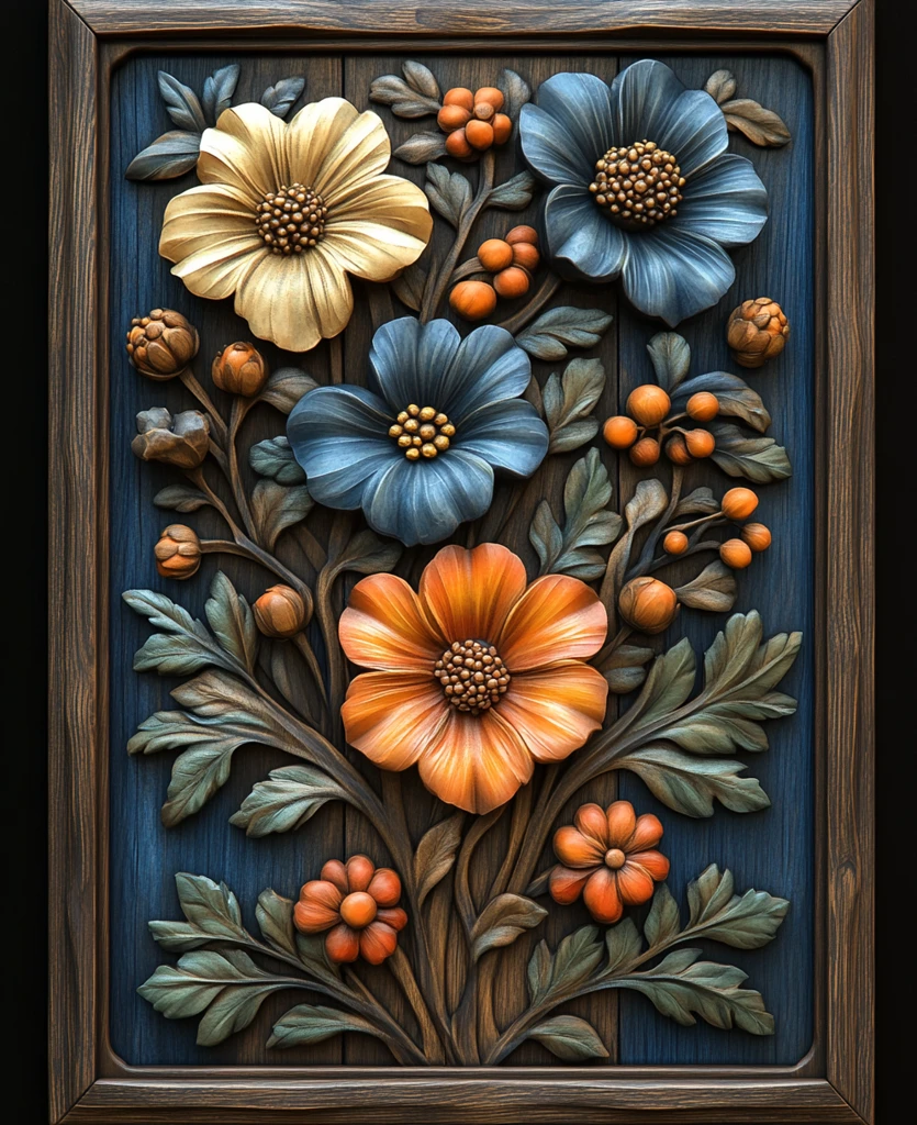 木雕花叶蓝褐刻