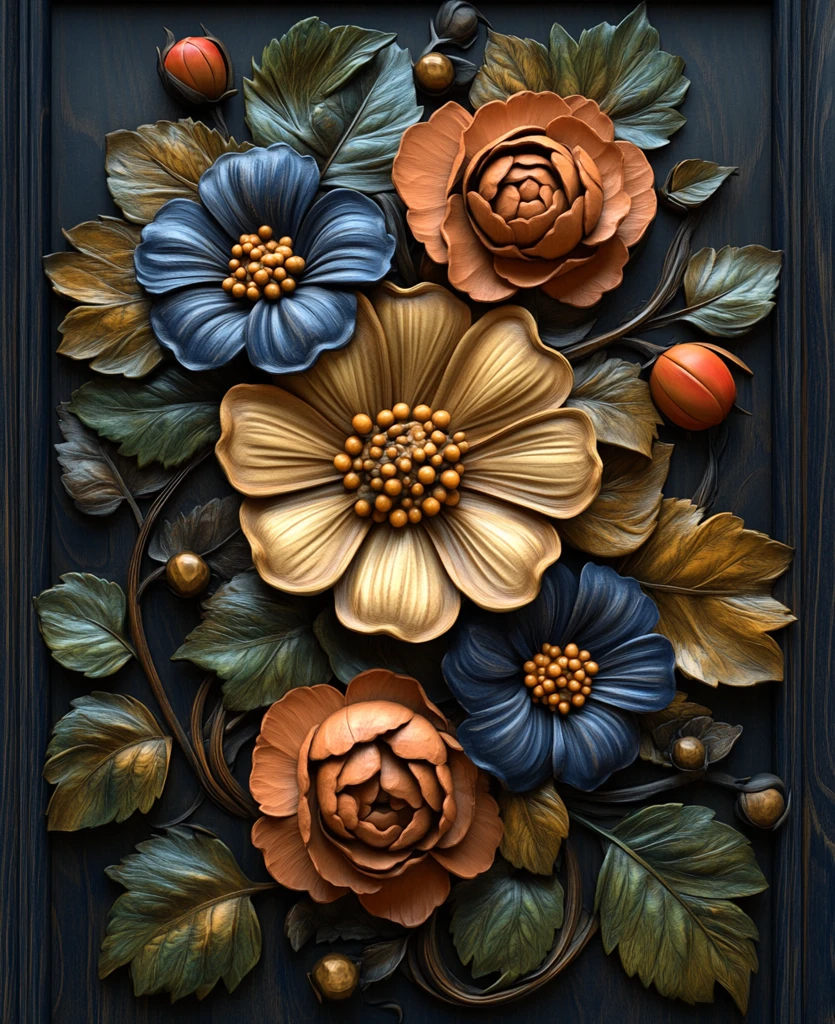 木雕花叶蓝褐刻