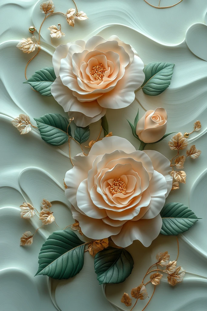 金绿波浪玫瑰墙纸