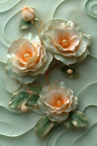 金绿波浪玫瑰墙纸