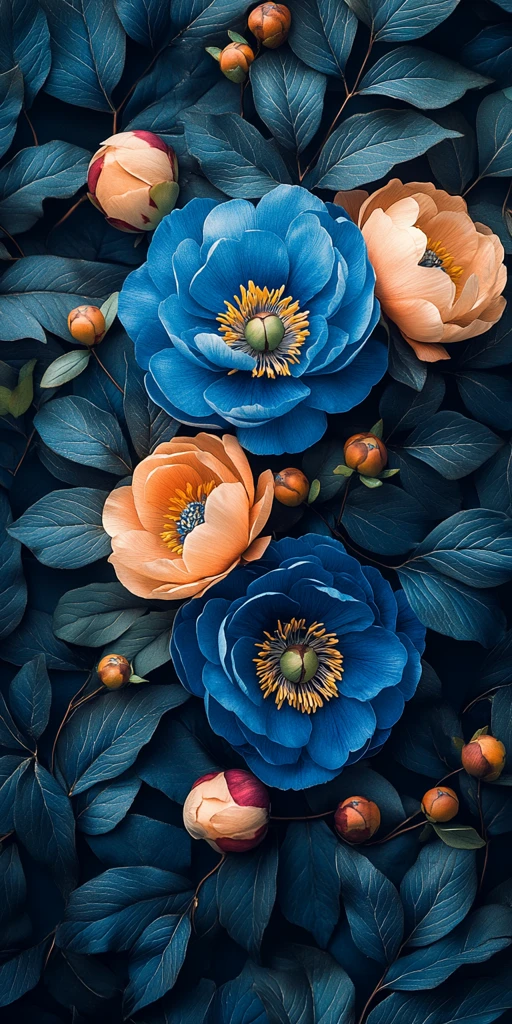 蓝色系牡丹花纹