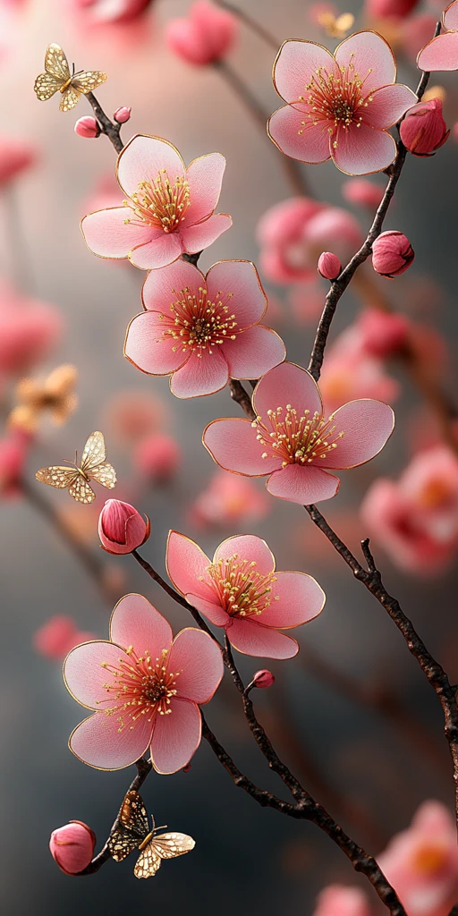 粉玉樱花金蝶图