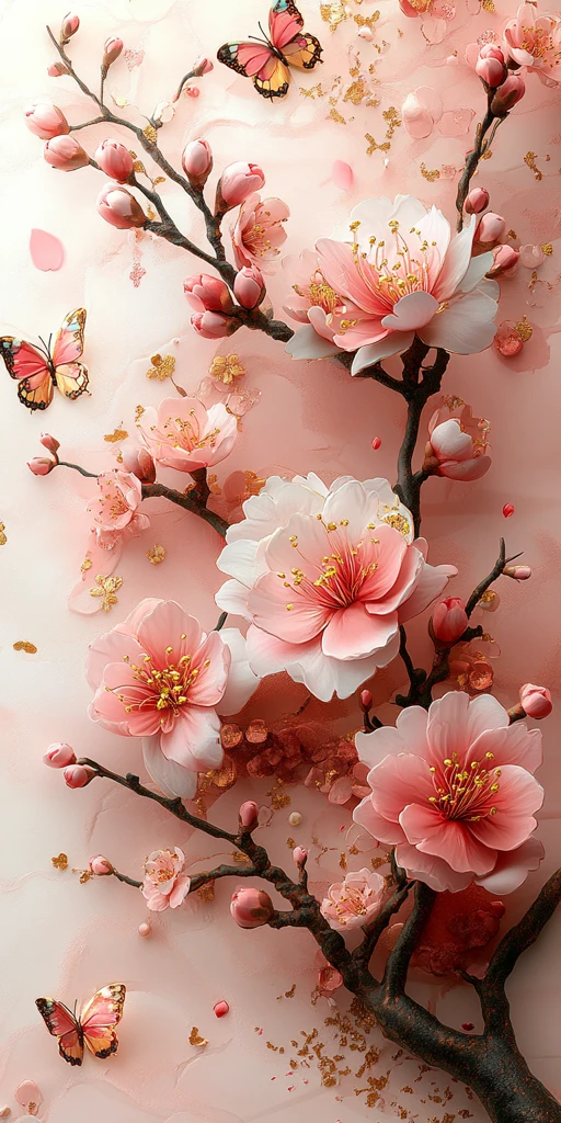 粉玉樱花金蝶图