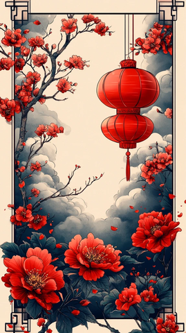 新年红方形云纹边框