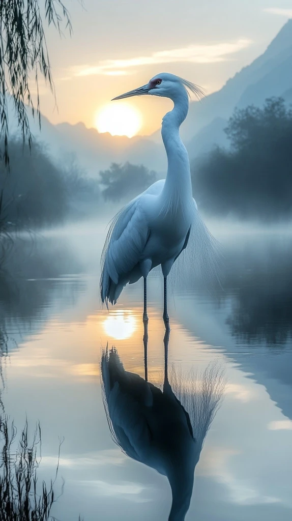 晨雾山色白鹤映水