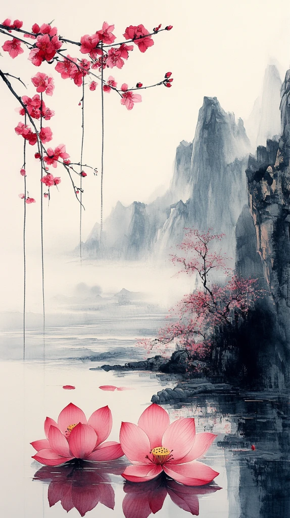 红梅莲池山水图