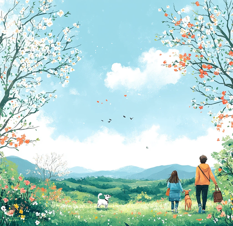 春天草地散步图