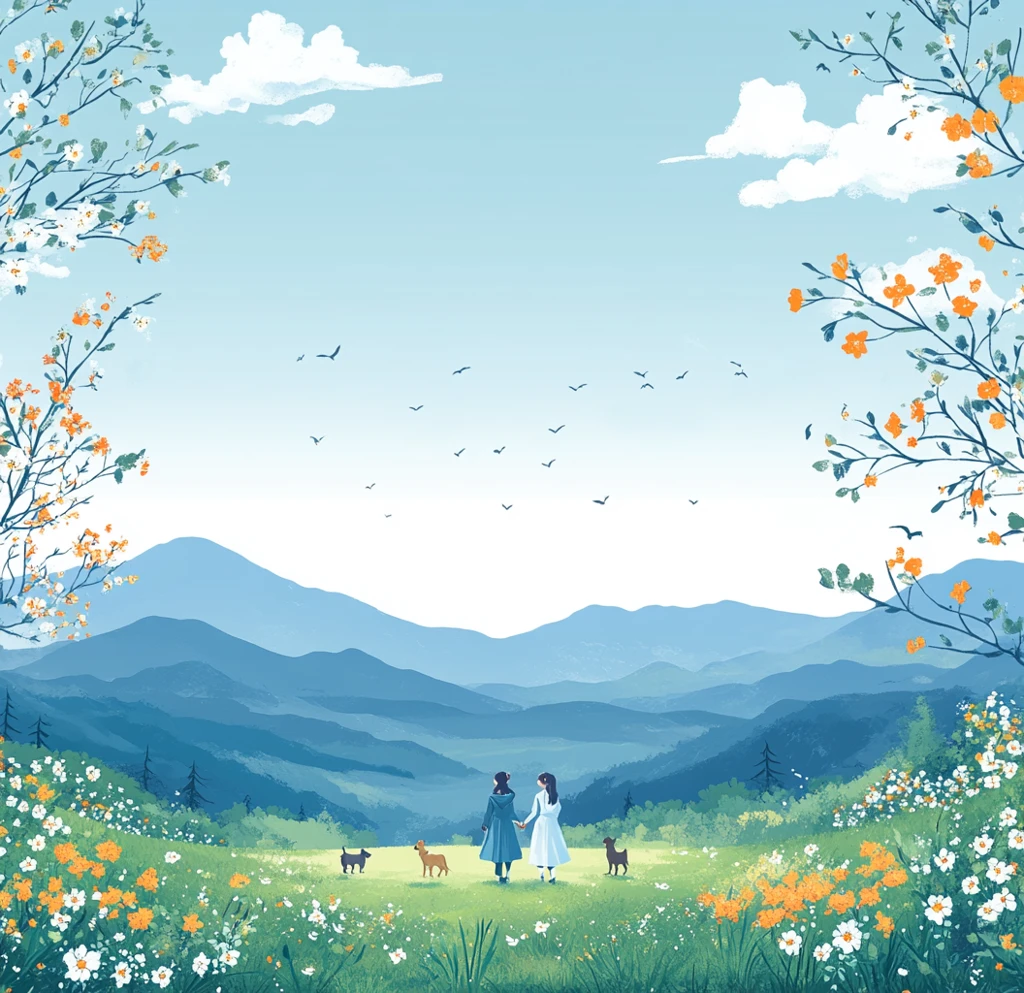 春天草地散步图