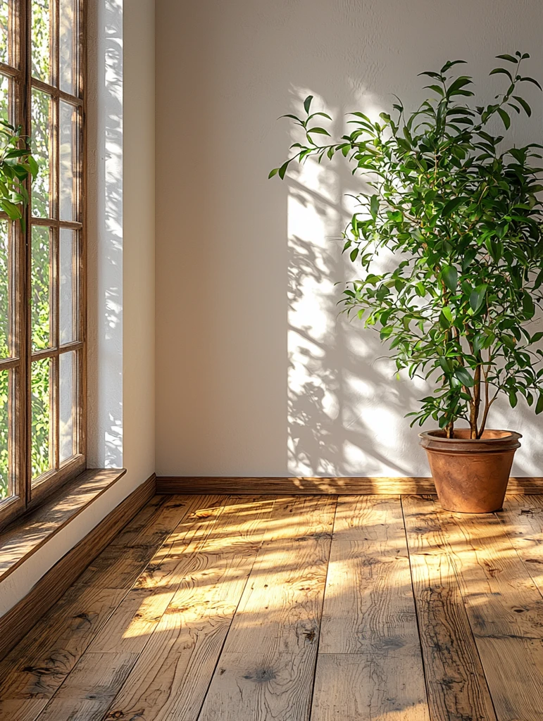 木地板白墙绿植