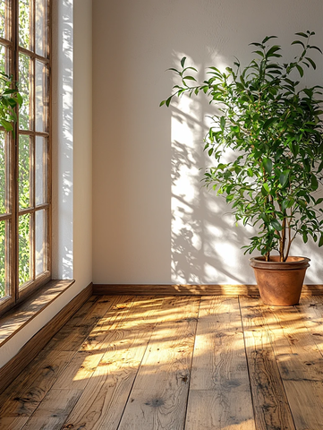 木地板白墙绿植