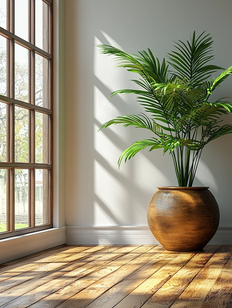 木地板白墙绿植