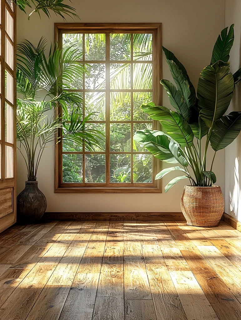 木地板白墙绿植