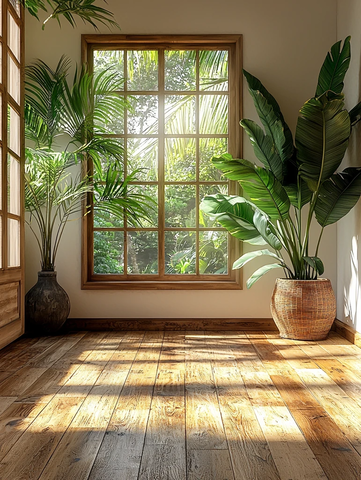 木地板白墙绿植