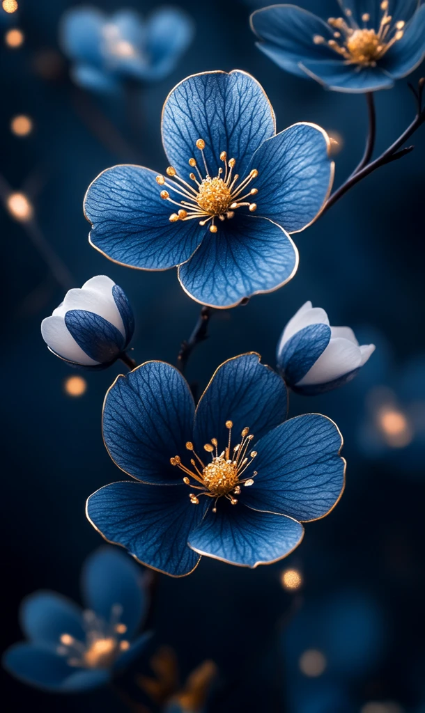 蓝白花与金点缀