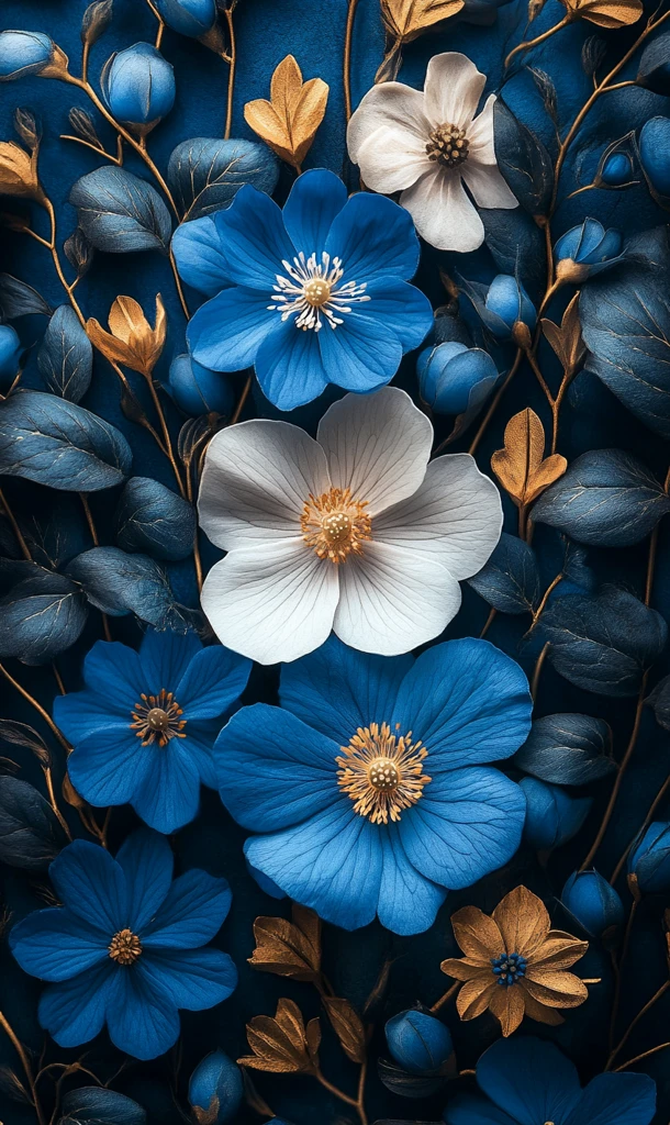 蓝白花与金点缀