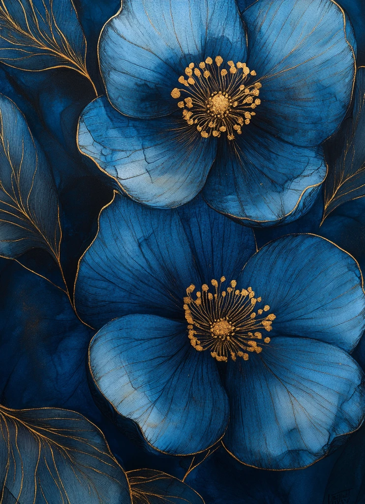 蓝黑金花叶图案