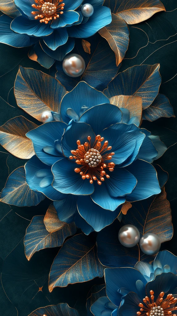 蓝金对称花卉壁纸