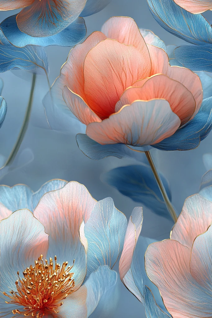 粉蓝金边牡丹图