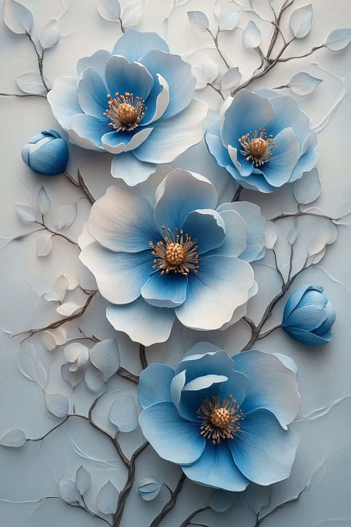 白灰蓝三色花卉画