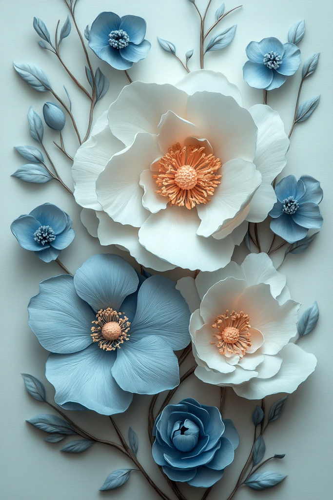 白灰蓝三色花卉画