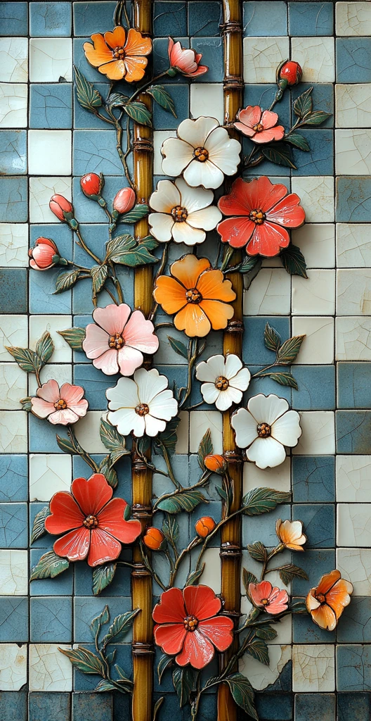 花开竹影瓷片纹样