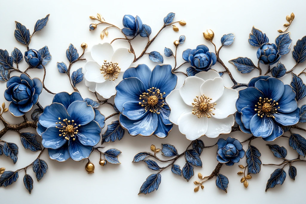 蓝白瓷茉莉金箔装饰