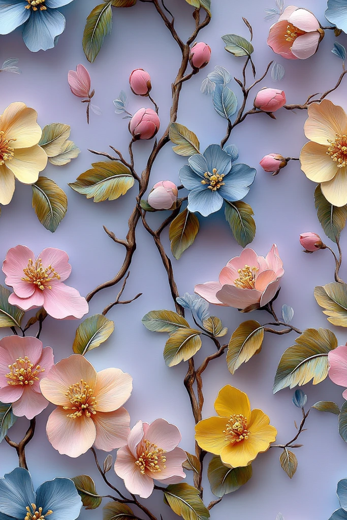 桃花绿叶图案画