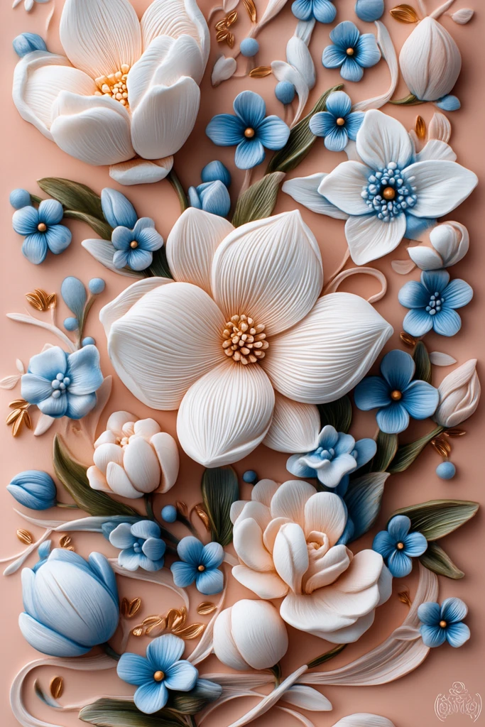 蓝色勿忘我白色木兰花纹