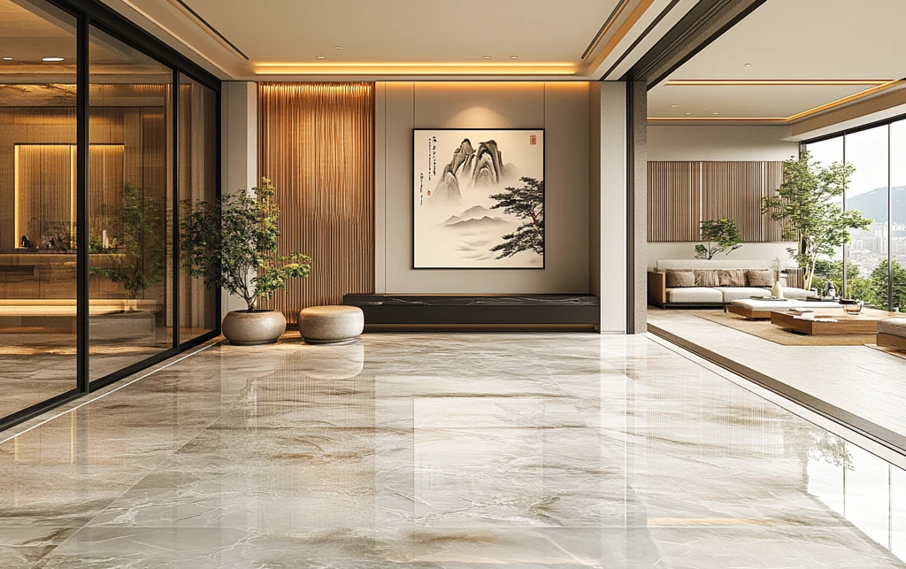 木纹墙板与大理石地面