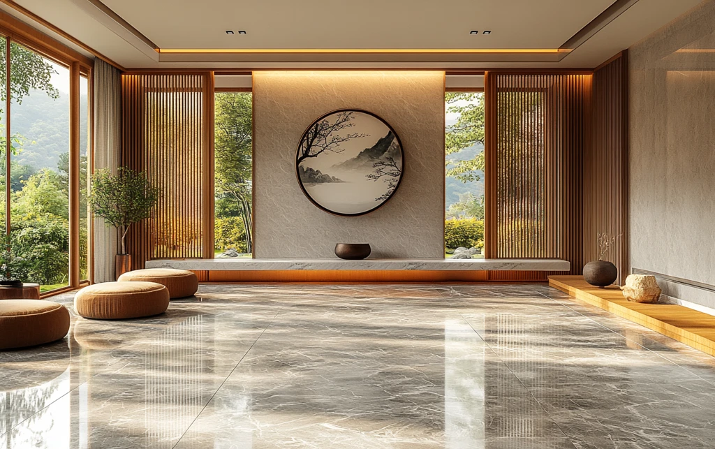 木纹墙板与大理石地面