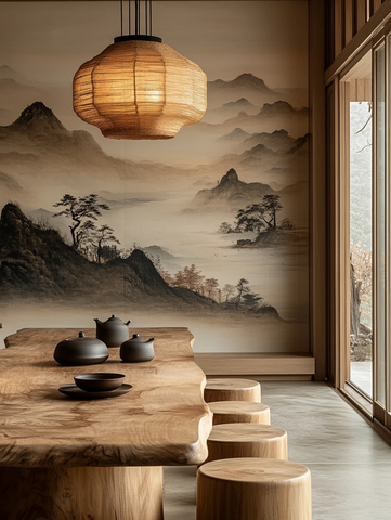 木桌茶席秋景图