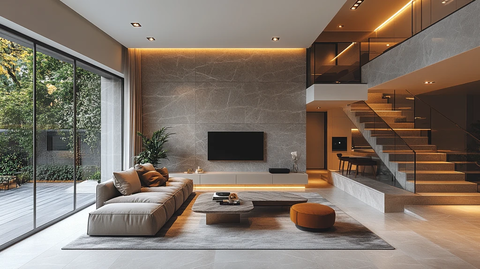 灰石墙玻璃楼梯客厅