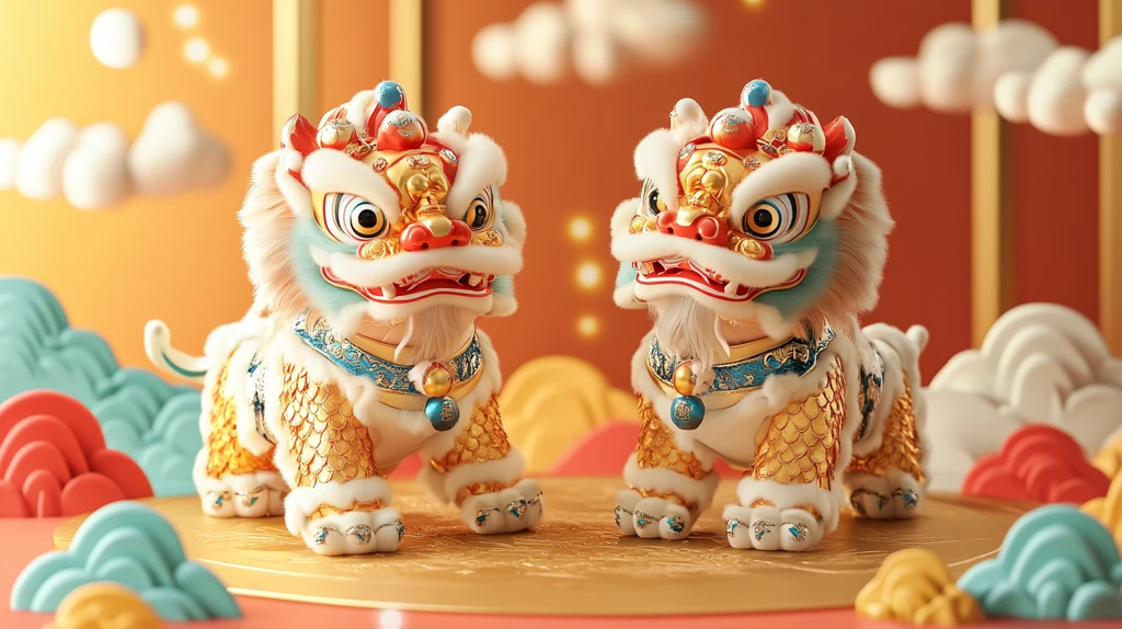 两狮对舞吉祥云