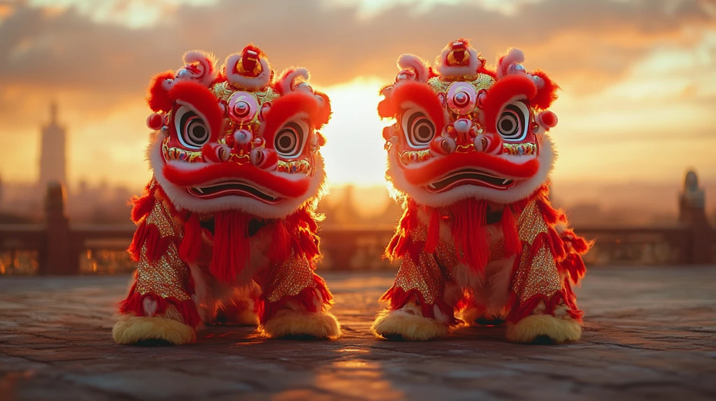 两狮对舞吉祥云