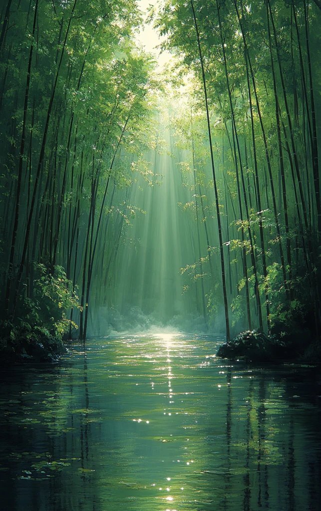 竹林溪流光影