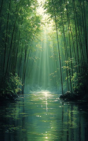 竹林溪流光影