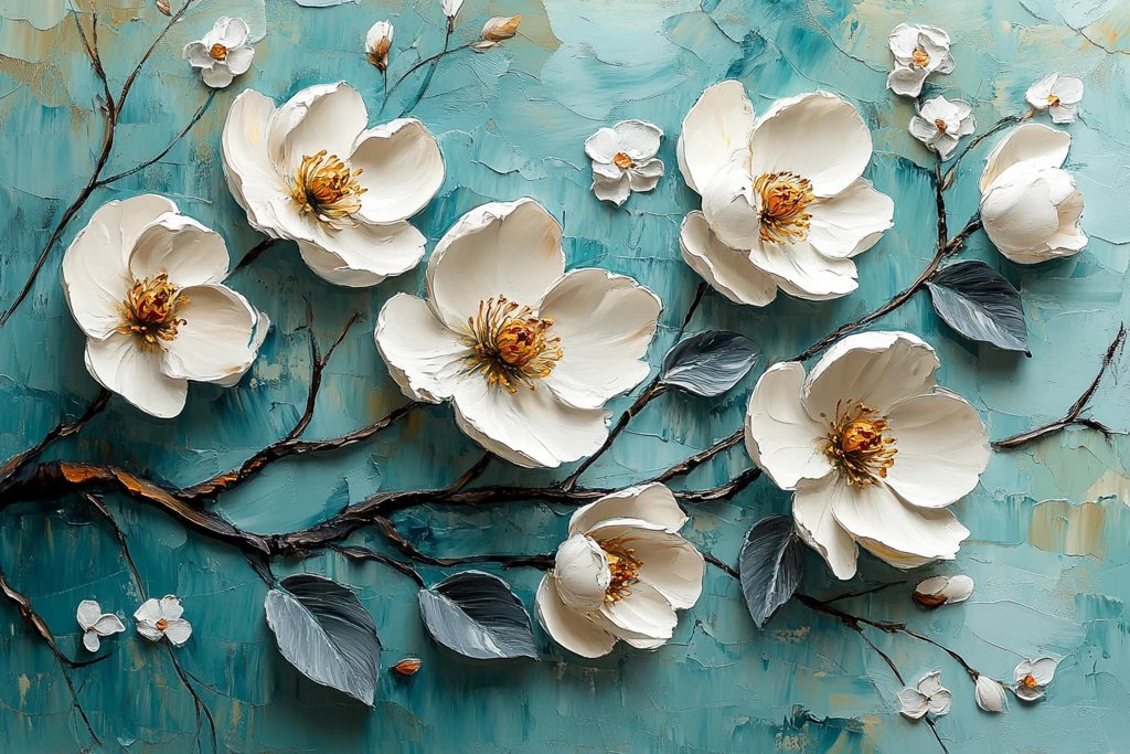 白花绿背景油画