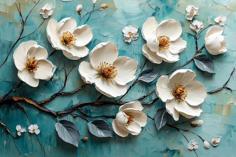 白花绿背景油画