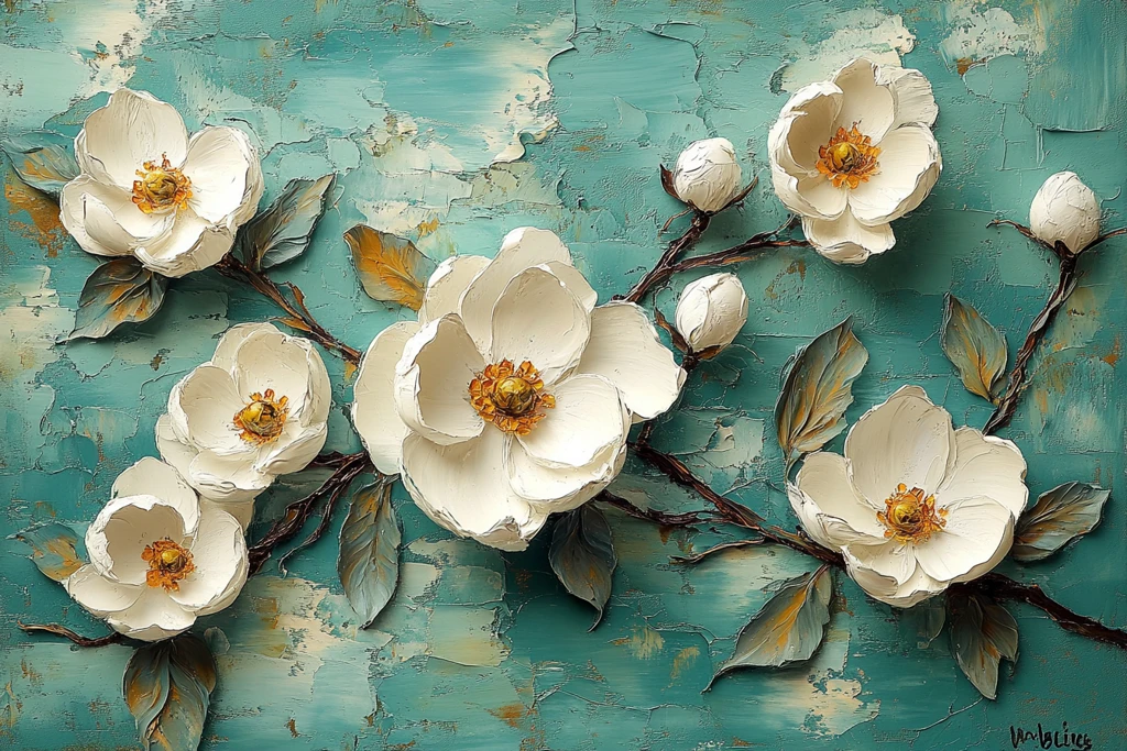 白花绿背景油画