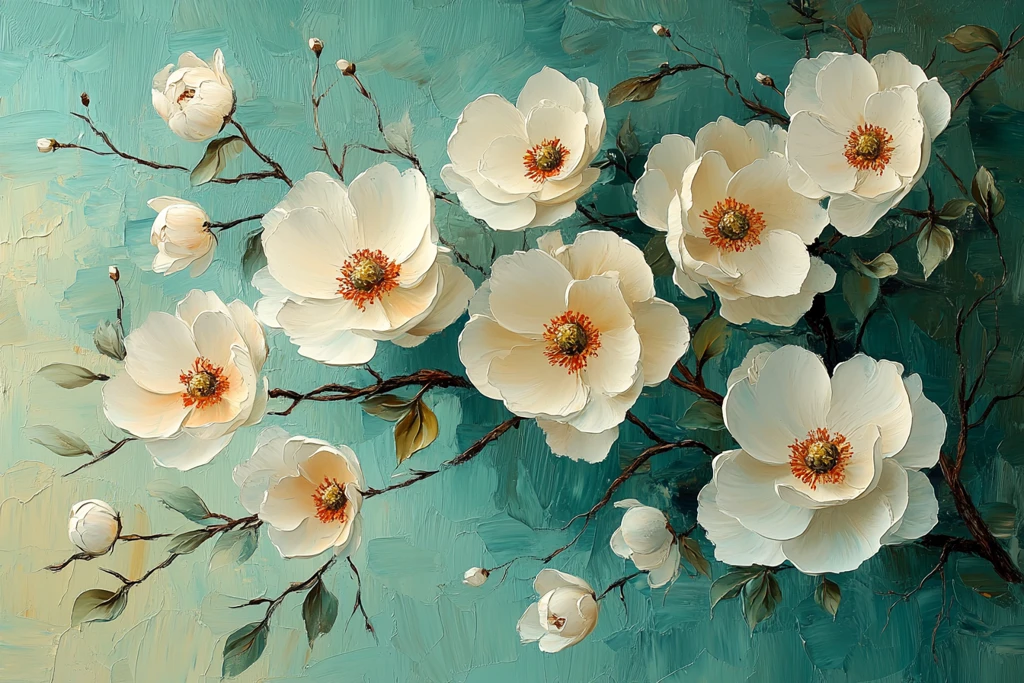 白花绿背景油画