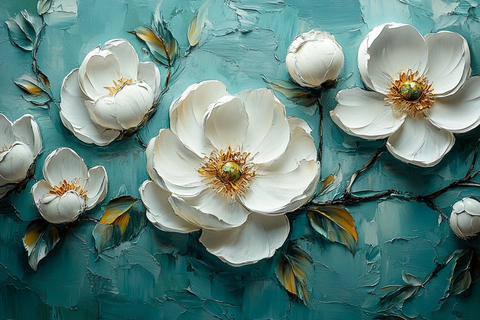 白花绿背景油画