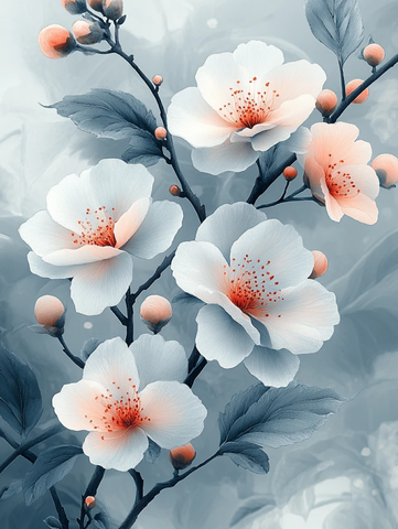 白灰花卉水墨画