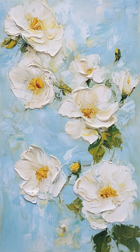 白玫瑰蓝底油画