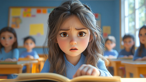 女孩教室中表情沮丧