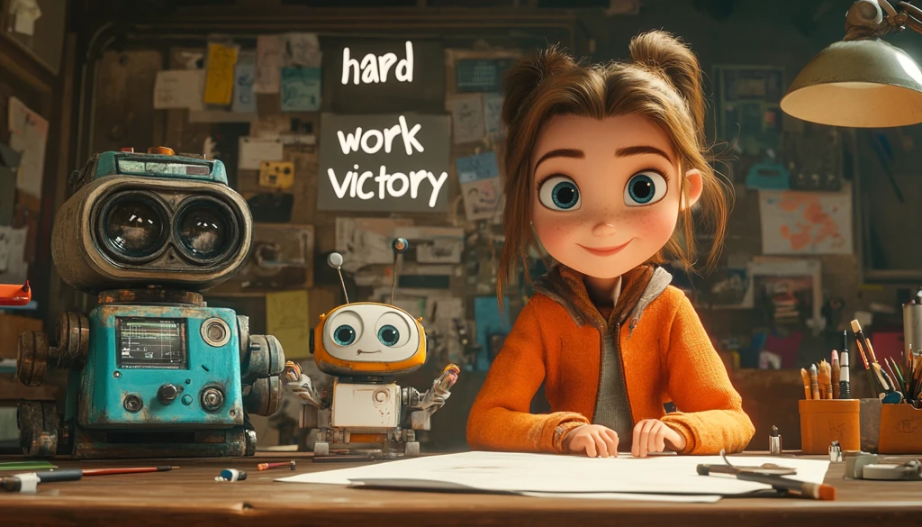 女孩与机器人工作台