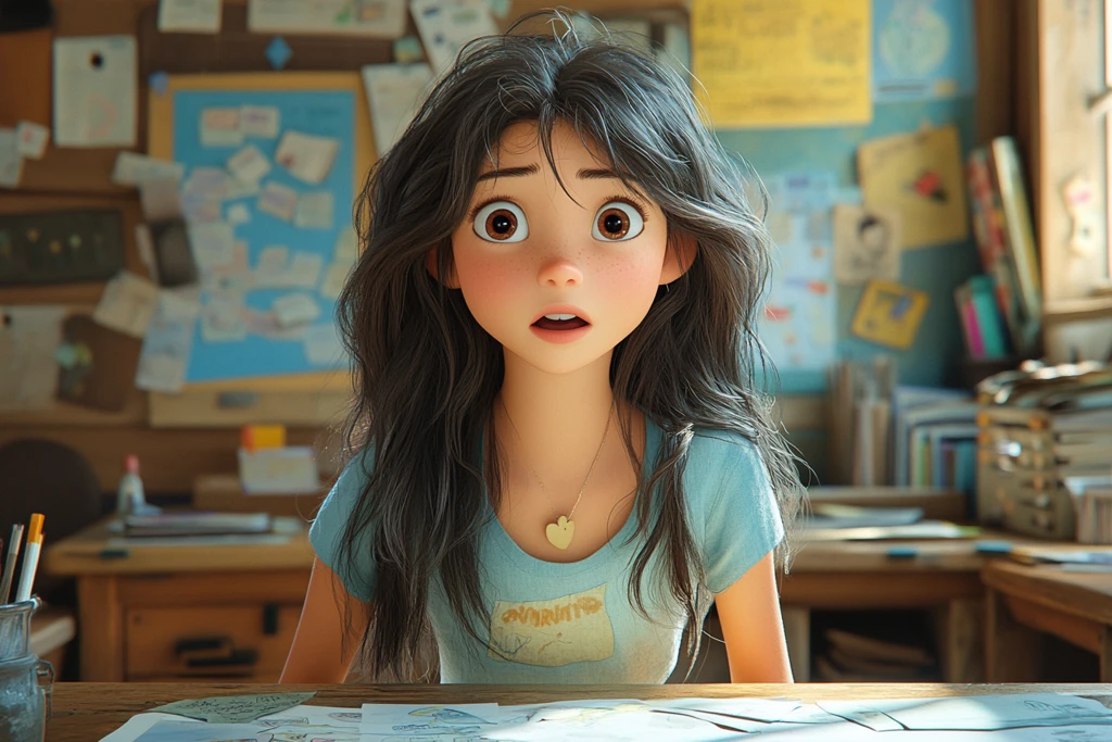 女孩站在课桌旁