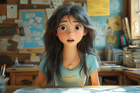 女孩站在课桌旁