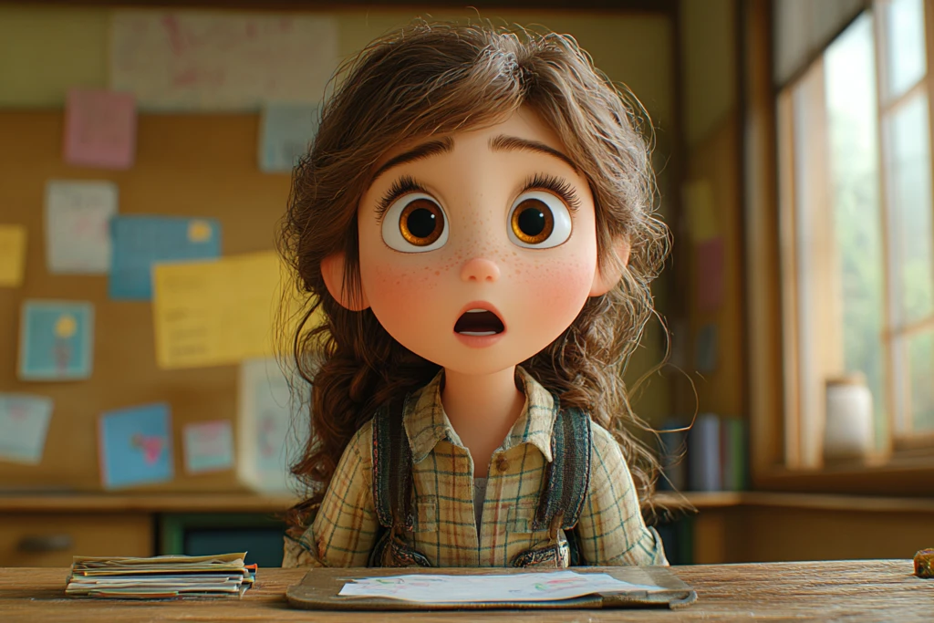 女孩站在课桌旁