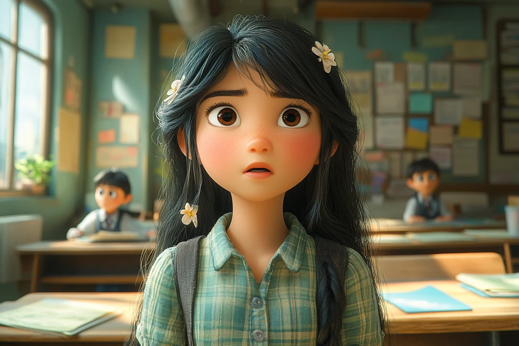 女孩站在课桌旁