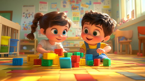 女孩男孩玩积木